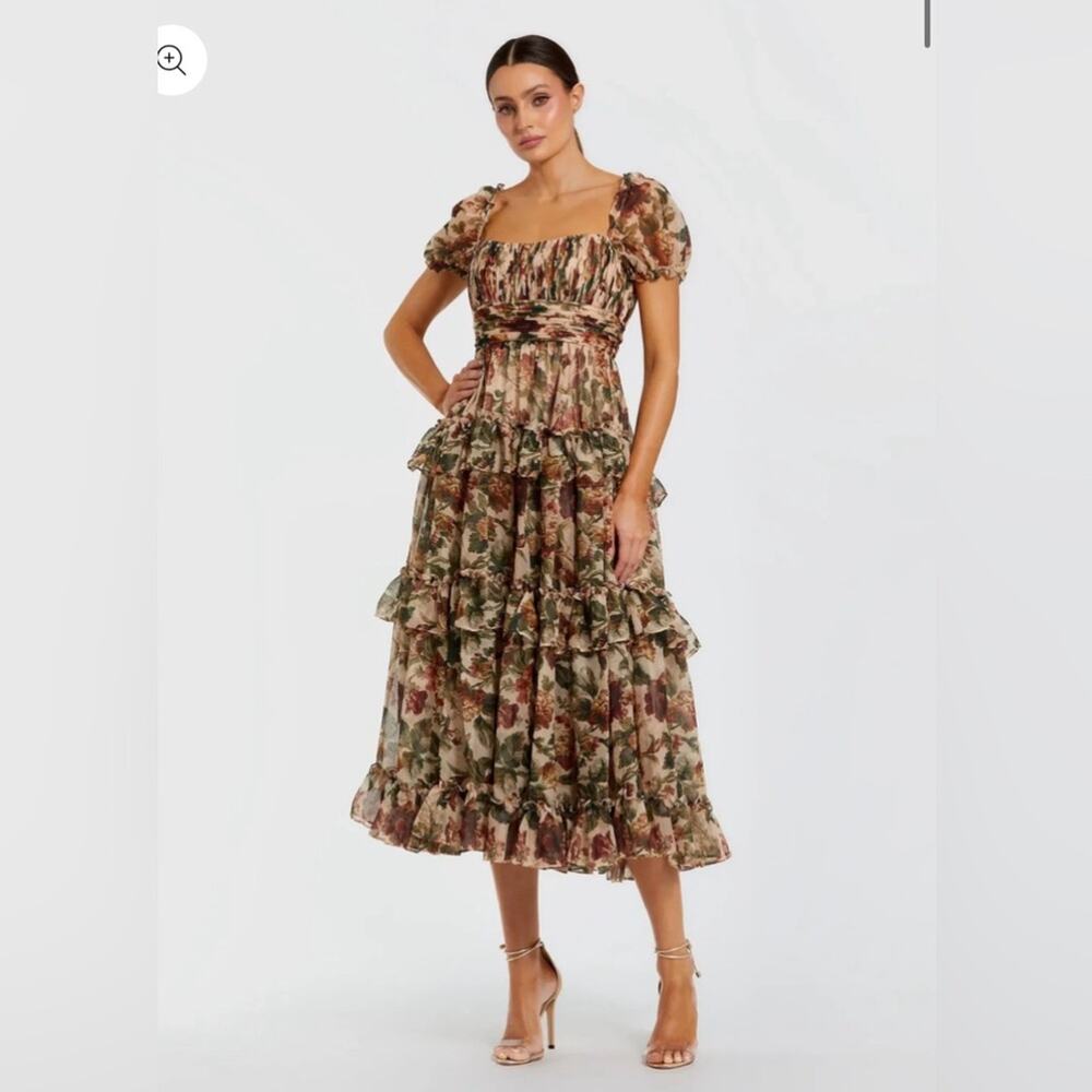 Mac Duggal Biege Chiffon Ruffle A-Line Midi, NWOT-EUC, size 10